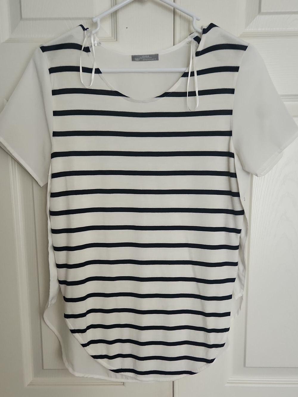 Zara White and Black Striped Short-Sleeve Tie-Shoulder Top